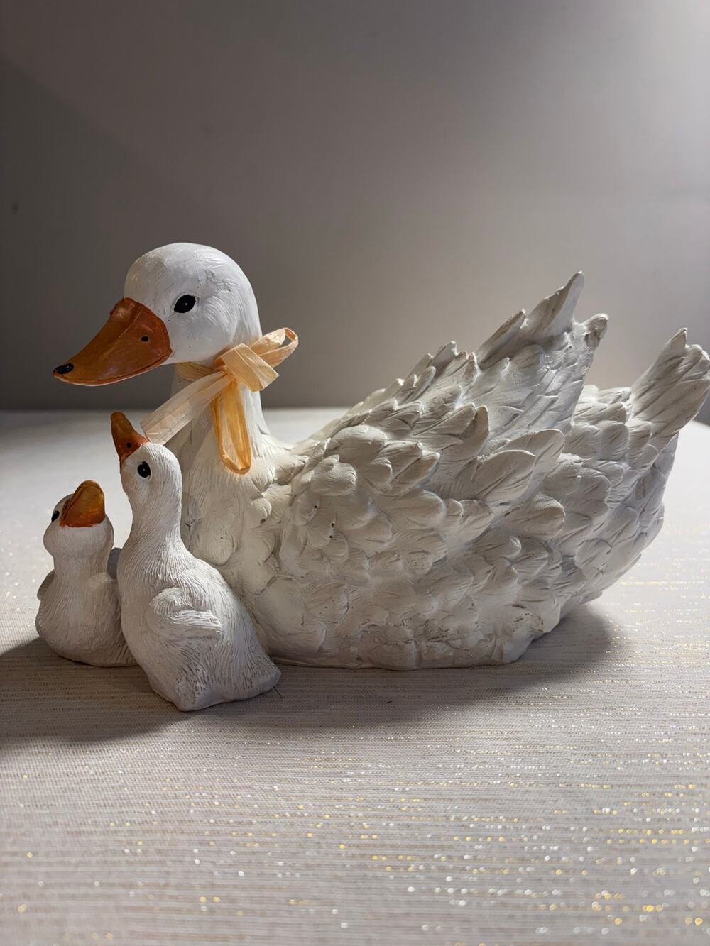 Beautiful Vintage Painted White Ceramic Mother Duck Goose Swan with Ducklings